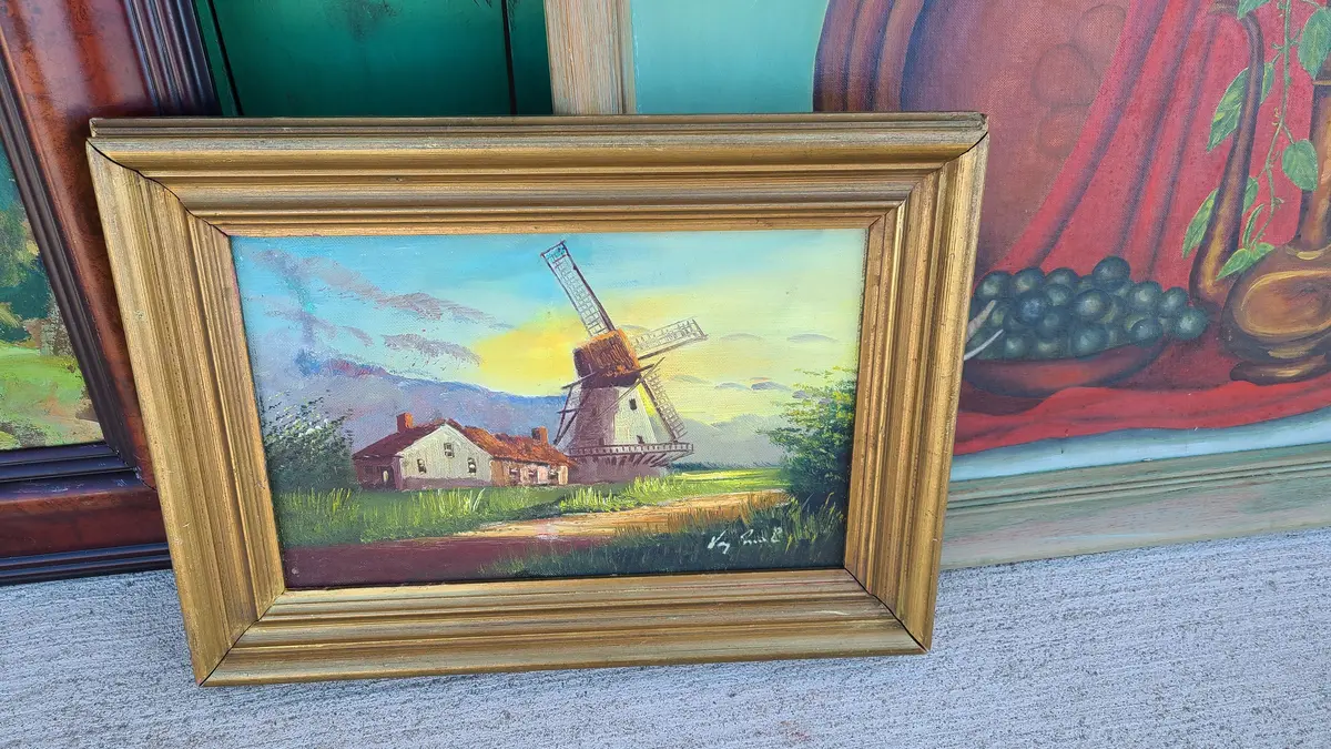 Small Oil Painting Of A Horse And Windmill 1