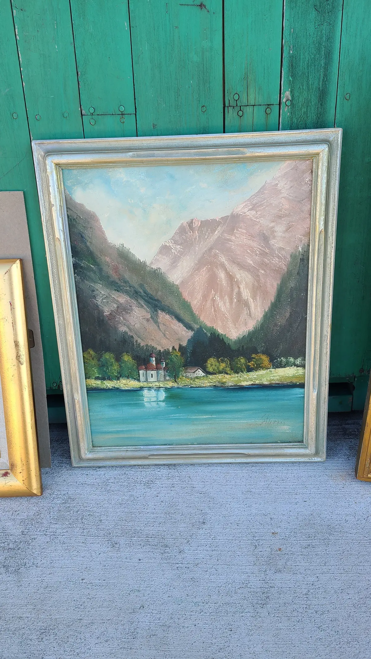 Framed Oil Painting Of Mountains And A Lake 1