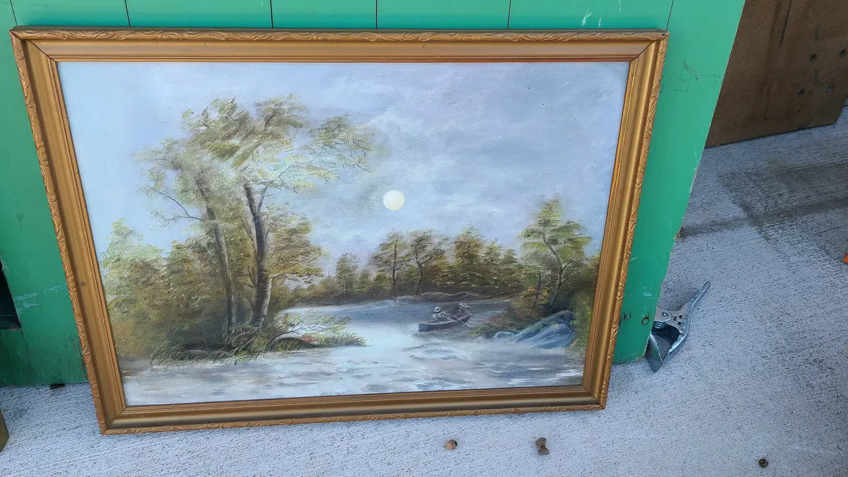 Small Oil Painting Of A Moonlit River With Canoe 1