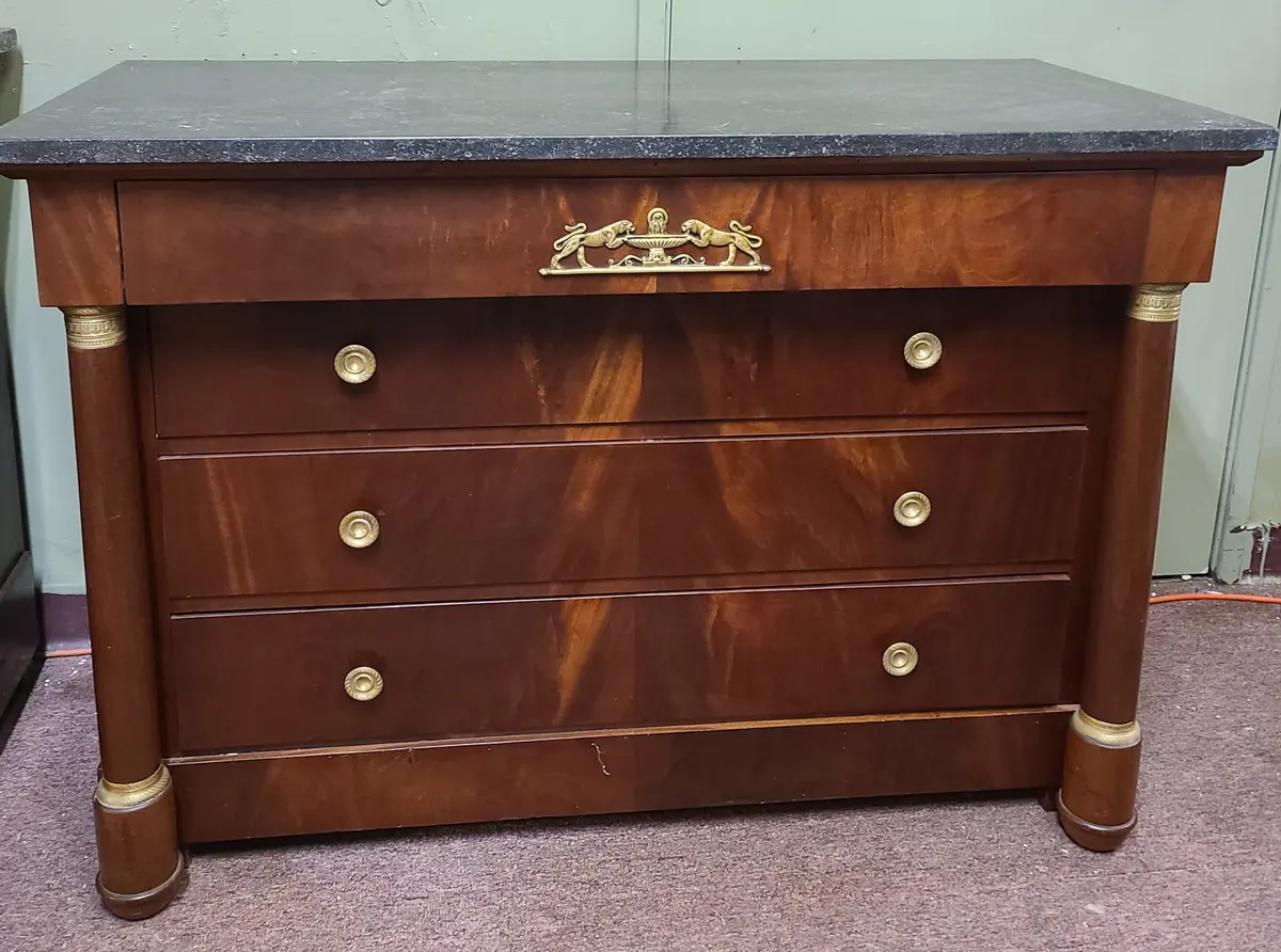 Black Marble Top Empire Mahogany Chest With Ormolu, Columns And Cheetahs 1