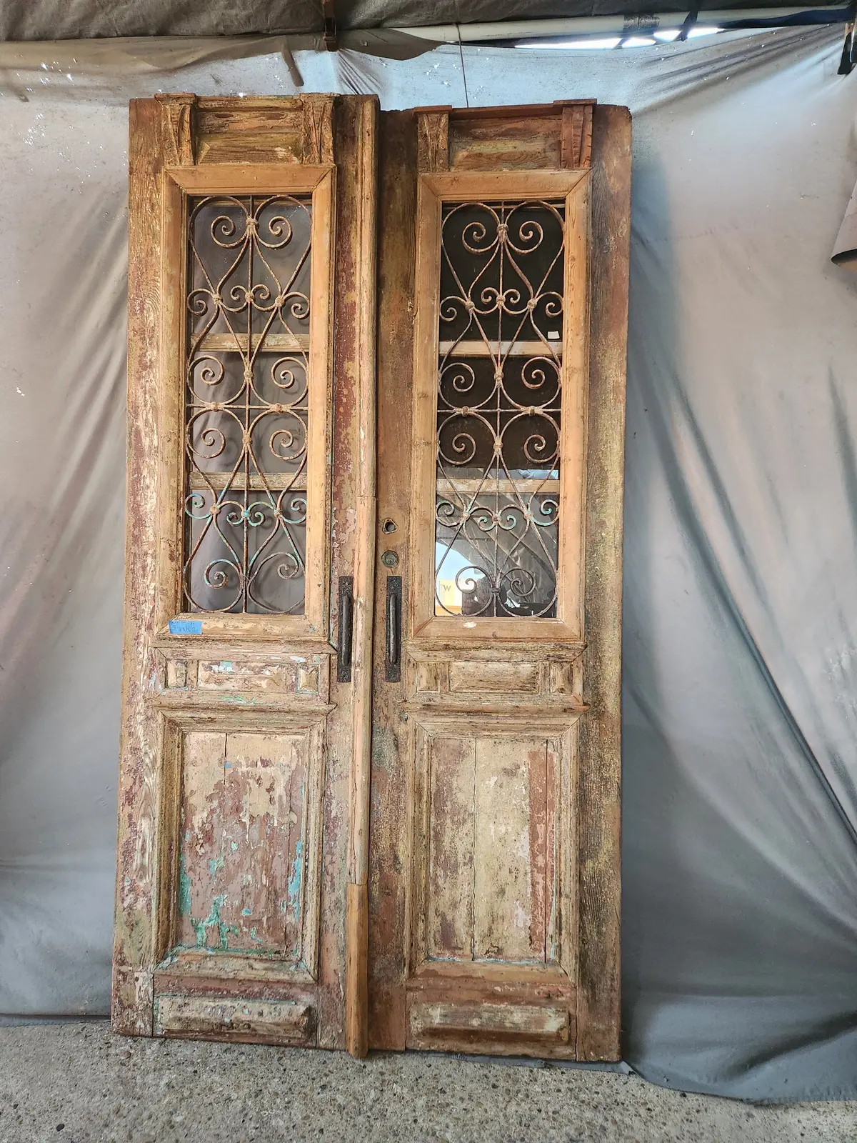 Pair Of Narrow Doors Raw Pine With Heavy Iron Panels 1