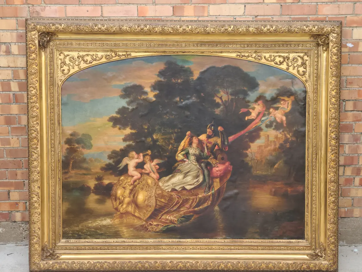 Large Gilt Framed Oil Painting Of Lovers With Cherubs 1