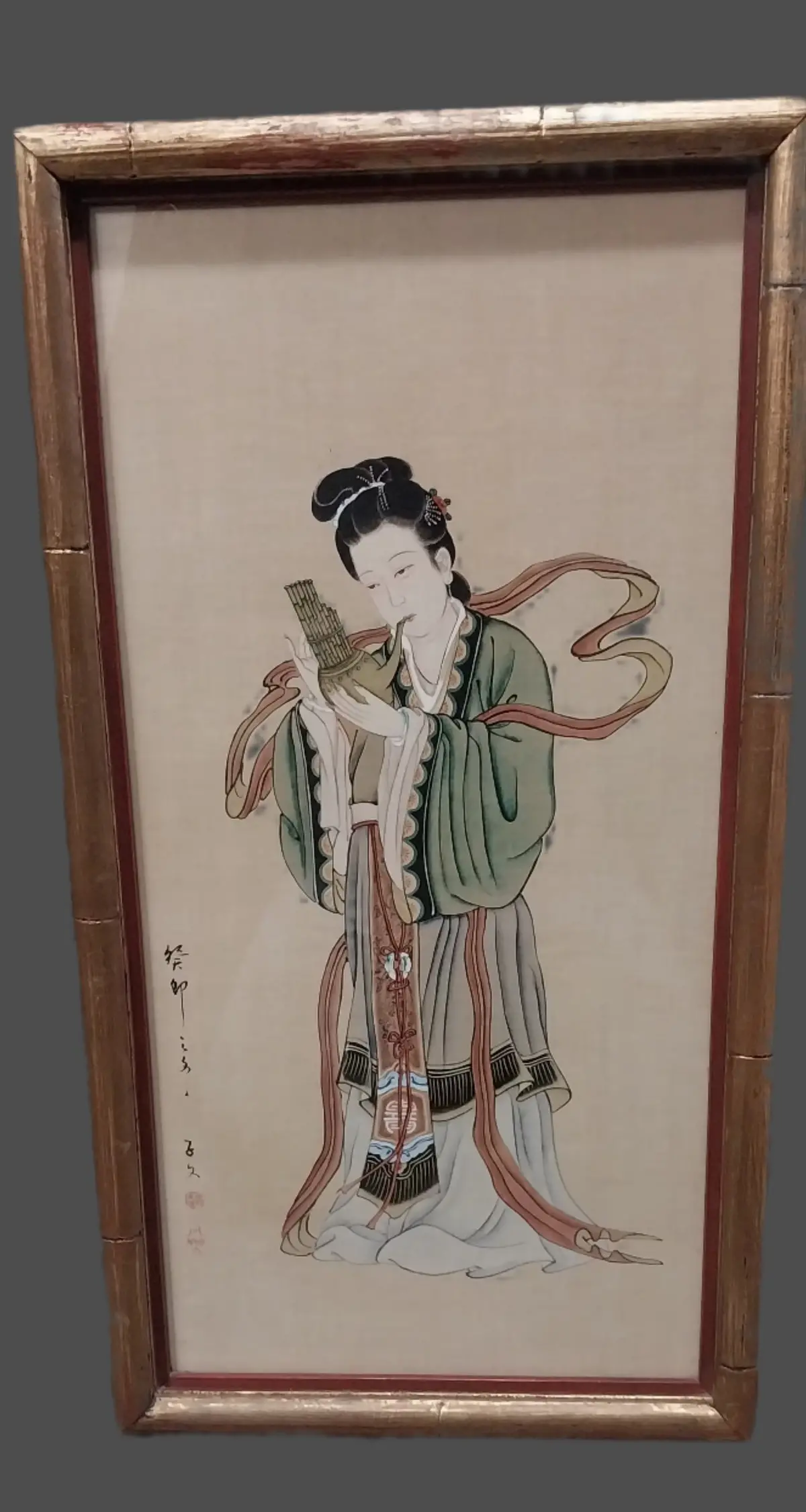 Gilt Framed Painting On Silk Of A Woman Playing A Lute-Signed 1