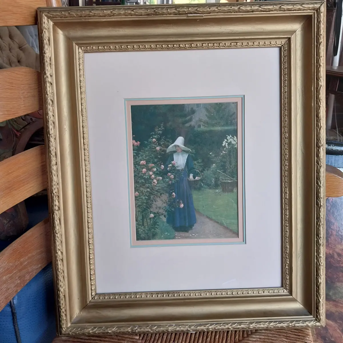 Nicely Framed Print Of Lady In Garden 1
