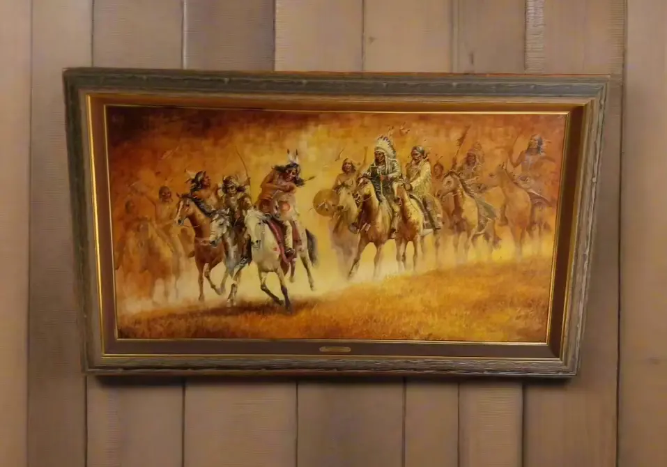 Framed Oil Painting On Canvas Titled "When Crow Meets Sioux" Signed Pat Mcallister 1986 1