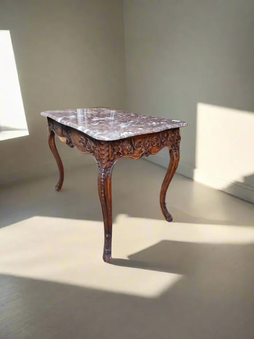 Marble Top Oak Center Table With Hoofed Feet 1