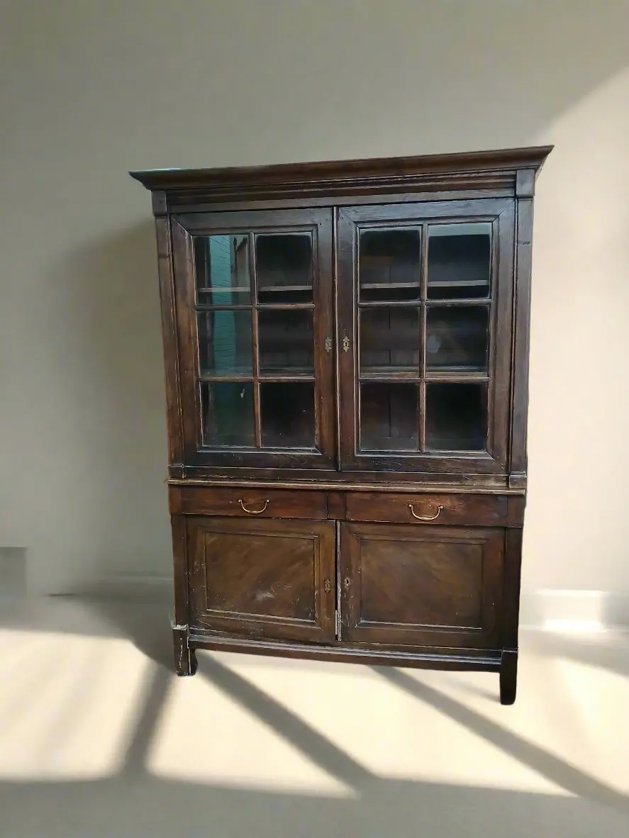 Dark Oak  Pegged Display Cabinet With Mullioned Glass Doors 1
