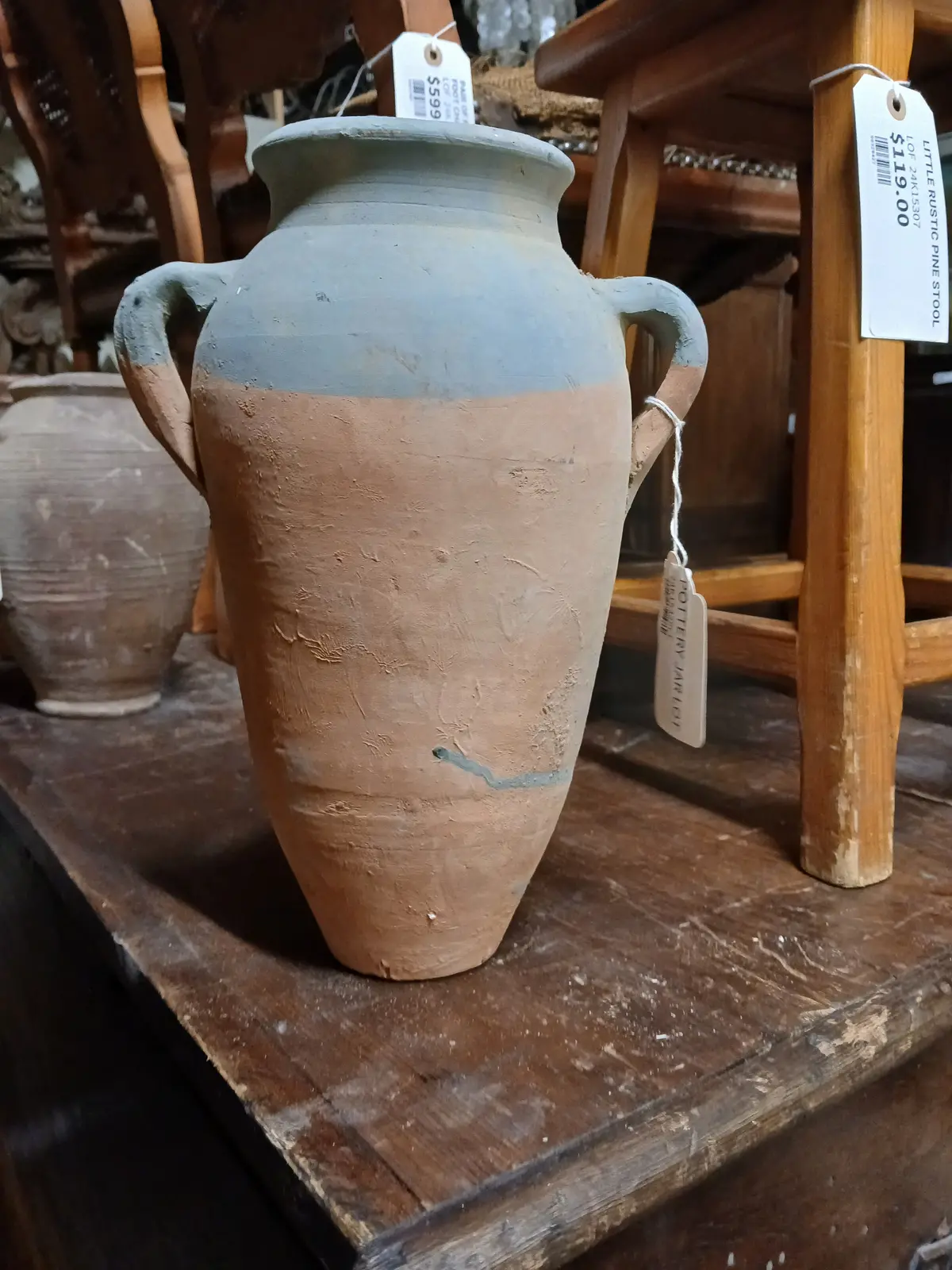 Tall Partial Green Painted Terra Cotta Vase With Handles 1