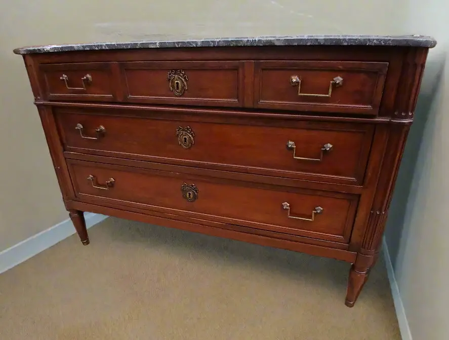 Louis Xvi Mahogany Marble Top 3 Drawer Chest With Bale Pulls 1