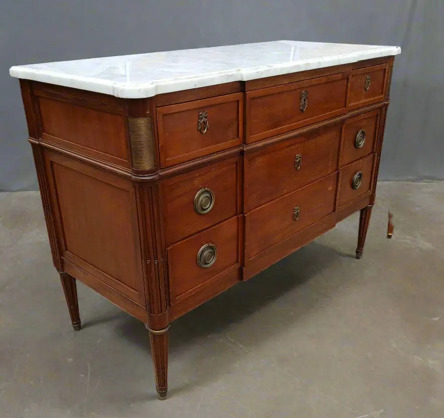 Louis Xvi Mahogany Marble Top 3 Drawer Chest With Overhang 1
