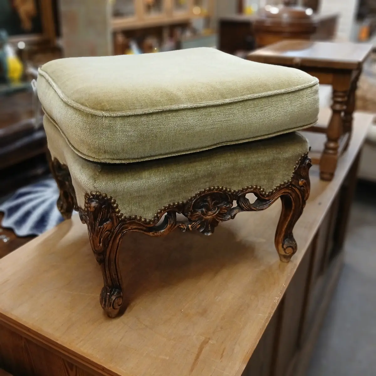 Louis Xv Green Mohair Ottoman 1