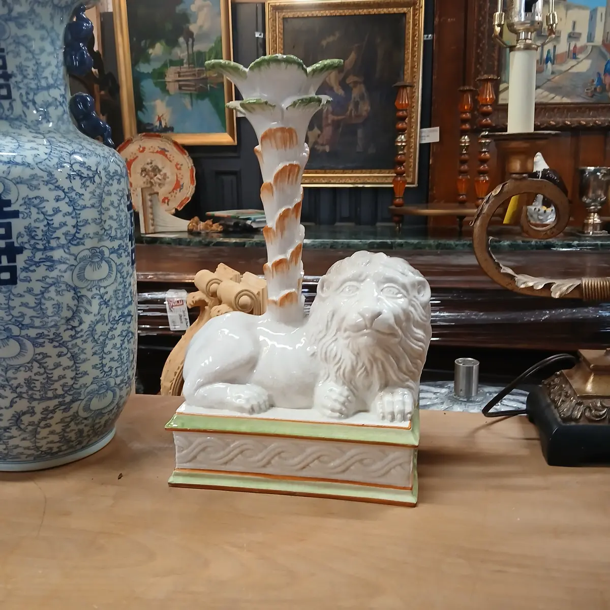 Italian Majolica Lion And Palm Tree Candle Holder 1
