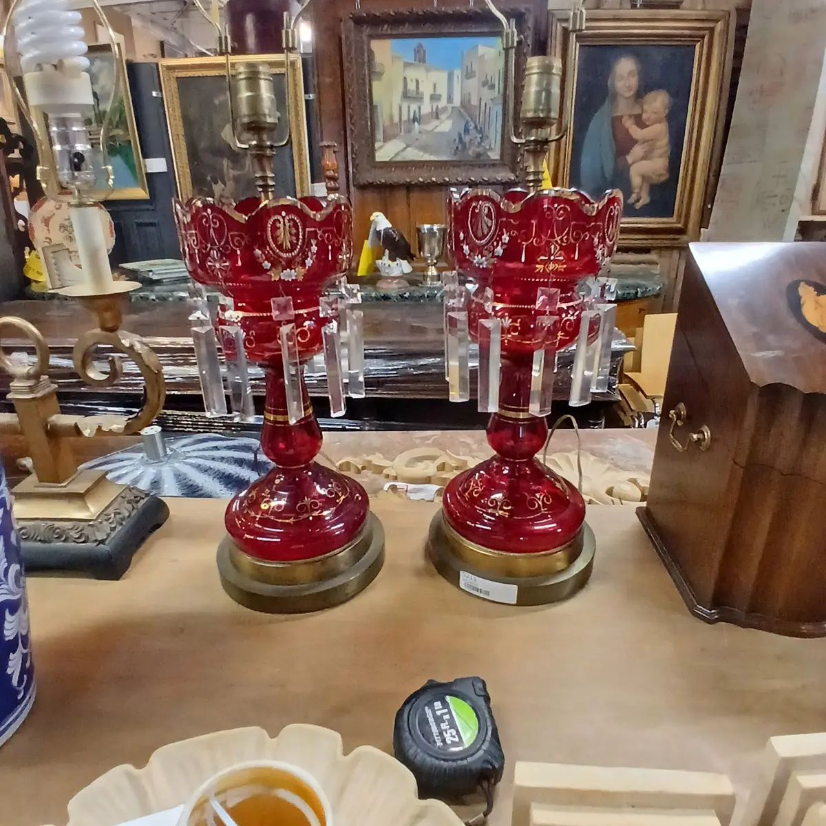 Pair Of Ruby Glass Luster Lamps 1