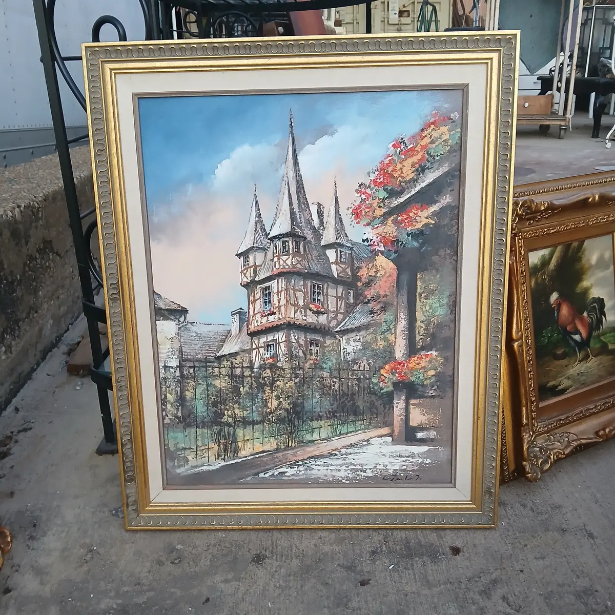 Framed German Colorful Oil Painting Of A House 1