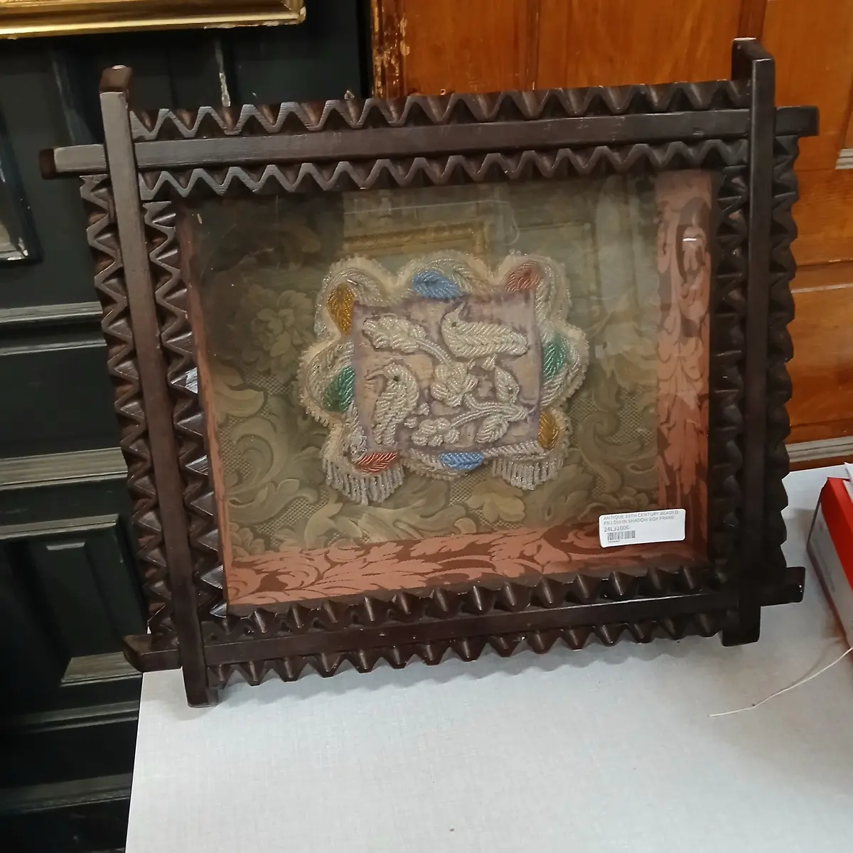 Antique 18Th Century Beaded Pillow In Shadow Box Frame 1