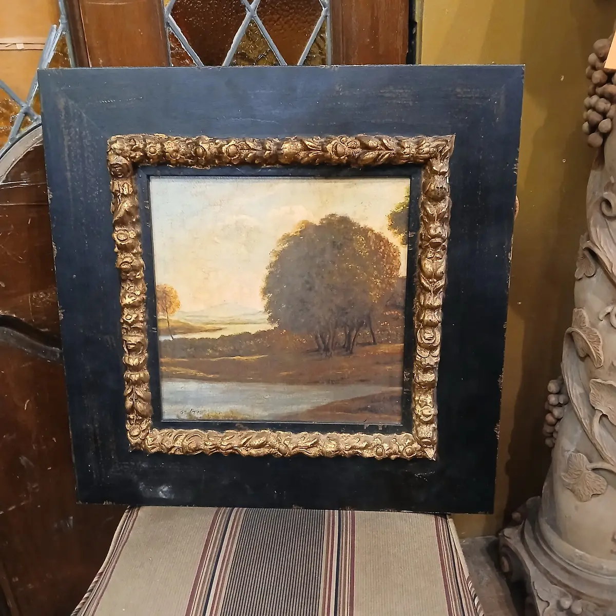 Black Framed Oil Painting Of Trees And River 1