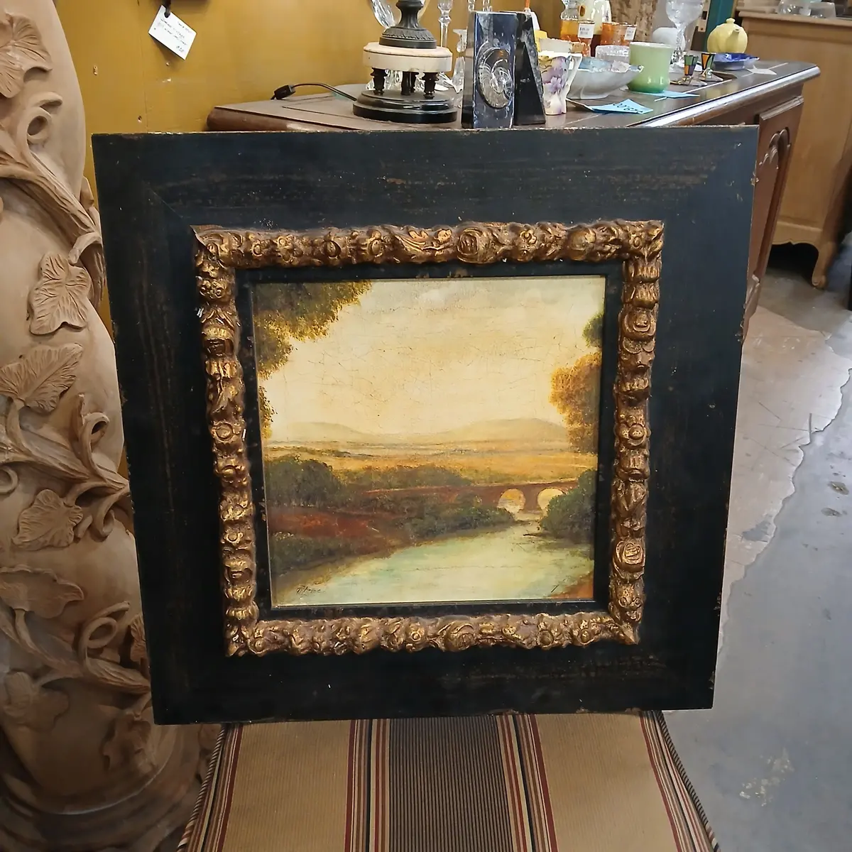 Black Framed Oil Painting Landscape With Bridge  In Black Frame 1