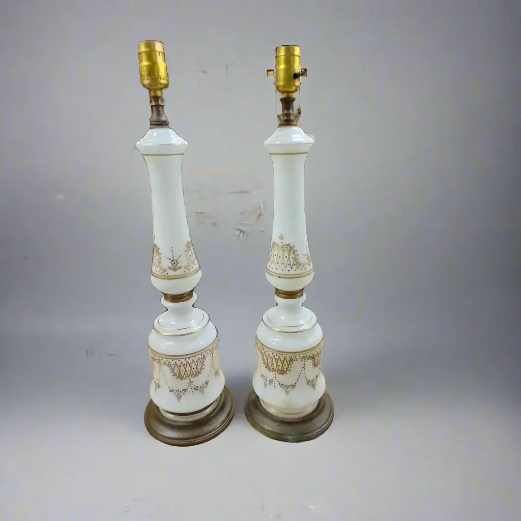 Pair Of Bristol Glass Lamps With No Shades 1