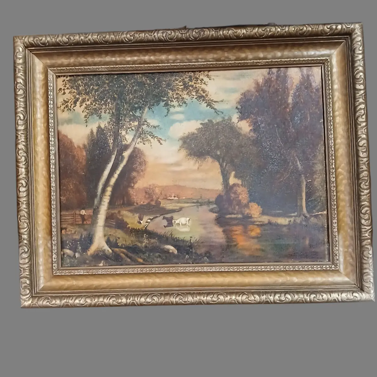 Framed Primitive Country Oil Painting With Cows 1