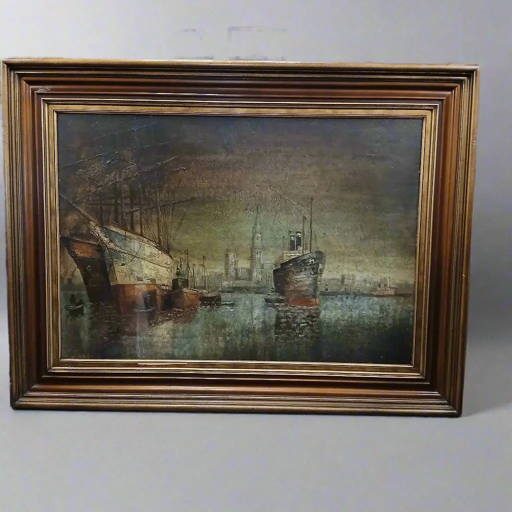 Framed Oil Painting Of A Port In The Evening 1