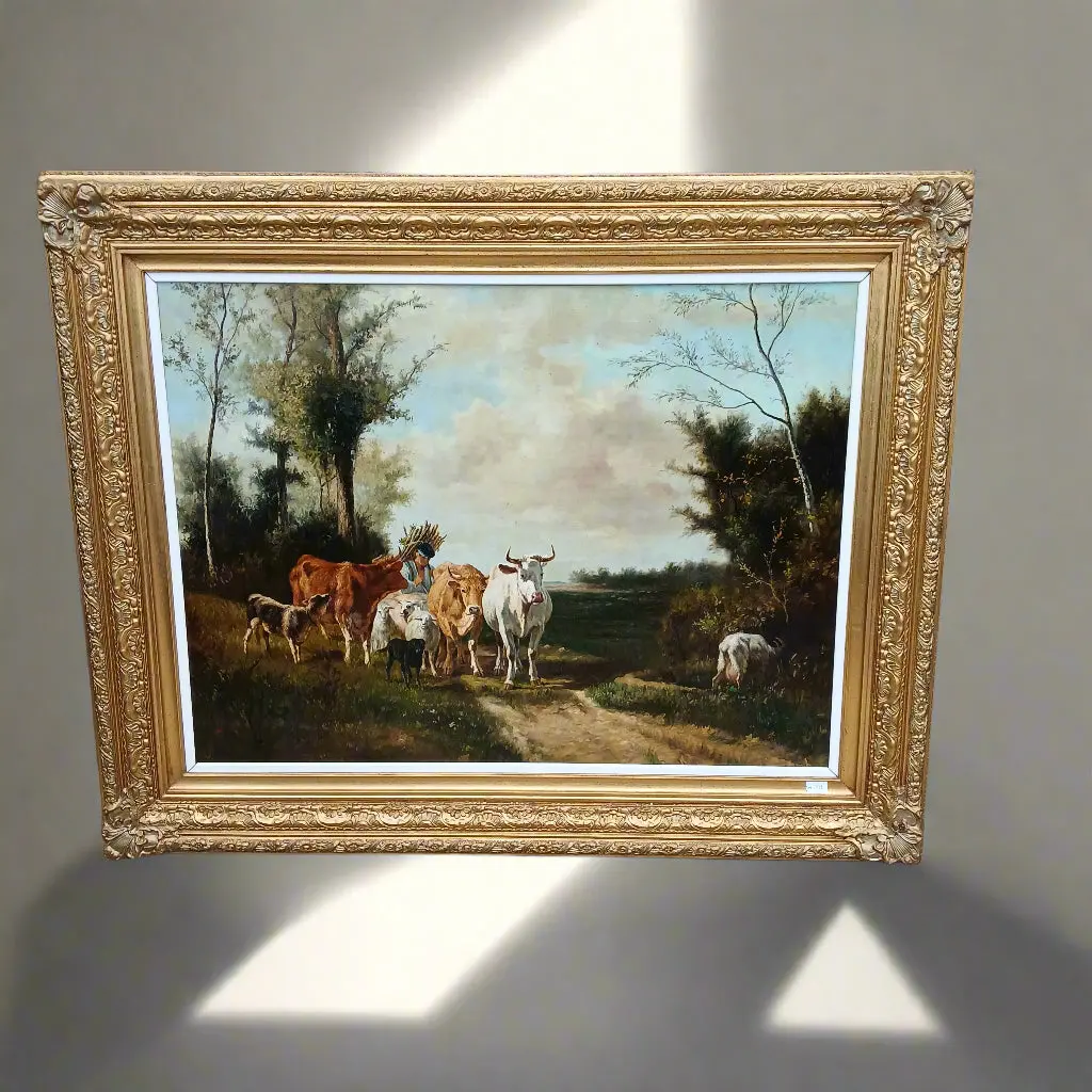 Large Framed Oil Painting Of Cows 1