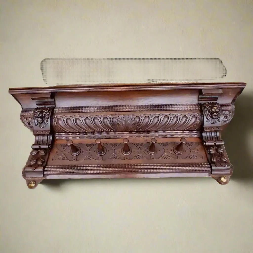 Large Oak Wall Rack With Lion Masks And Pegs 1