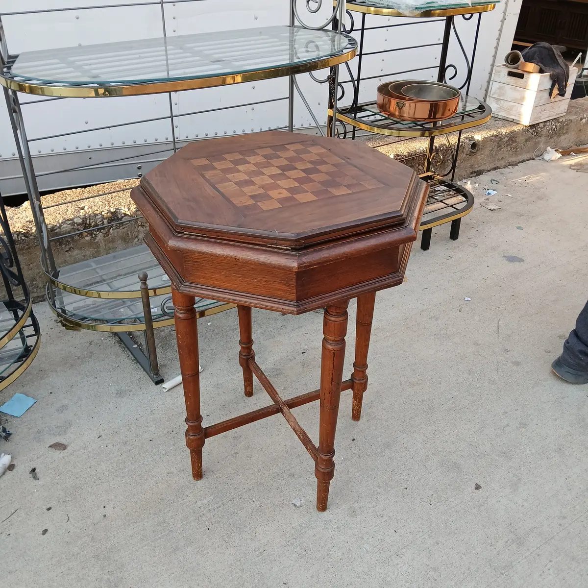 Octagonal Lift Top Oak Games Table-As Found 1