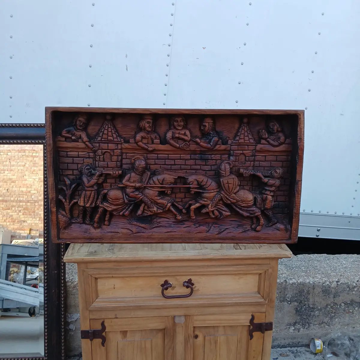 Medieval Jousting Scene Relief Carved Oak Panel 1