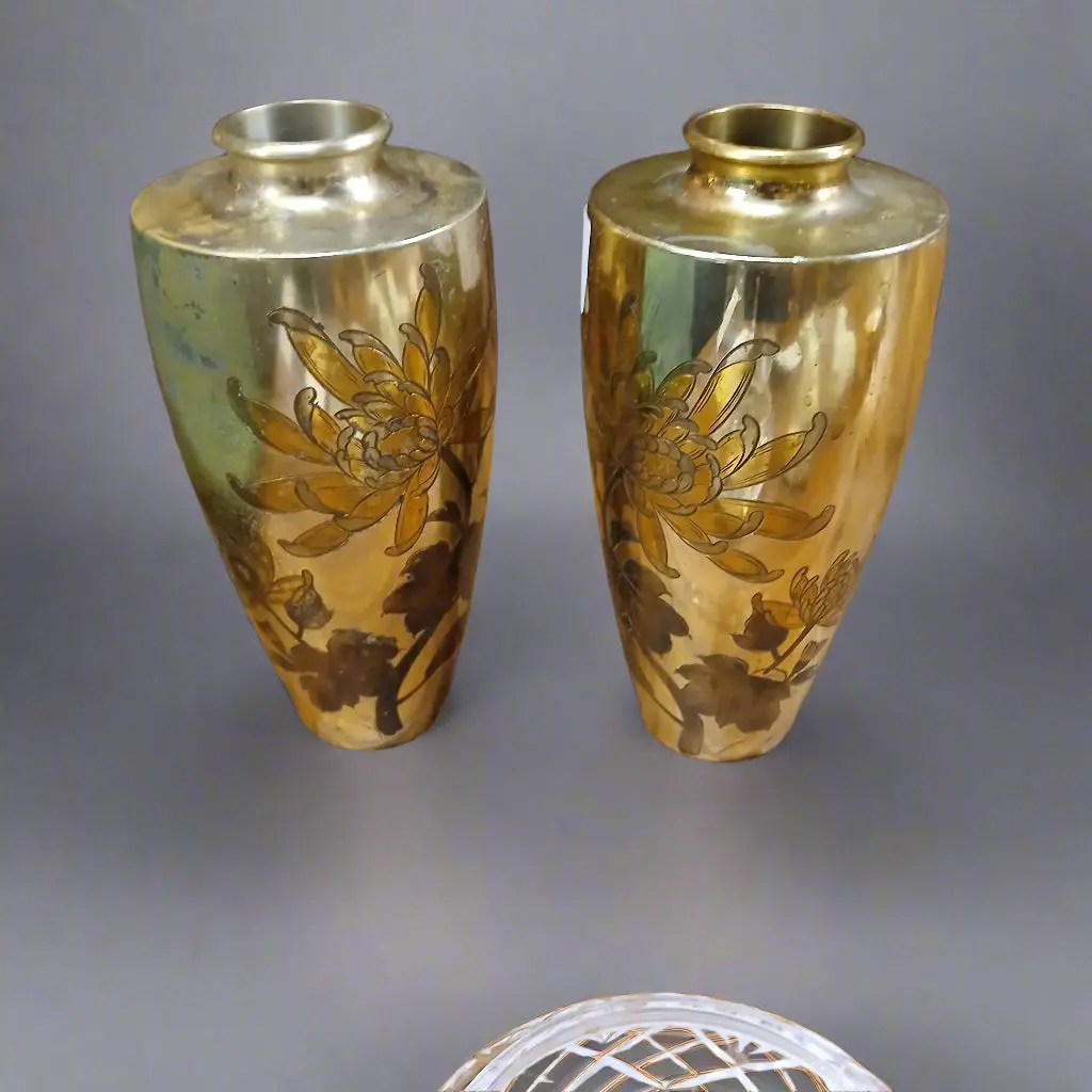 Pair Of Japanese Brass Incised Vases 1