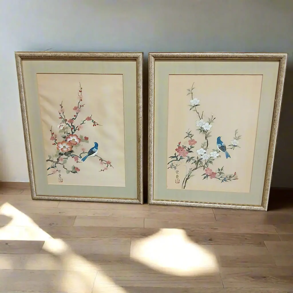 Pair Of Silk Bird Paintings 1