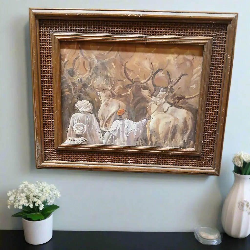 Framed Oil Painting Of Ethnic Cow Herders 1