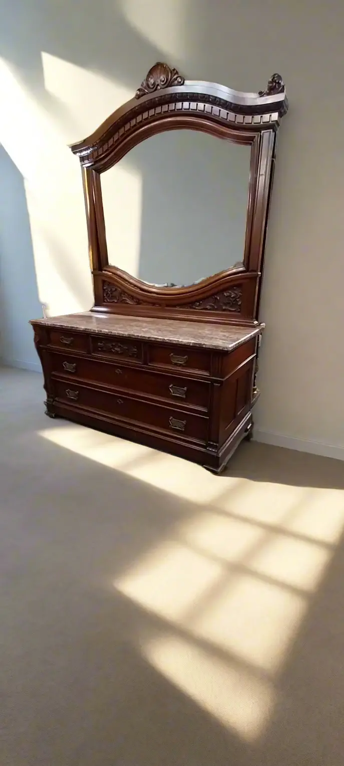 Large Carved Mahogany Marble Top Dresser With Mirror 1