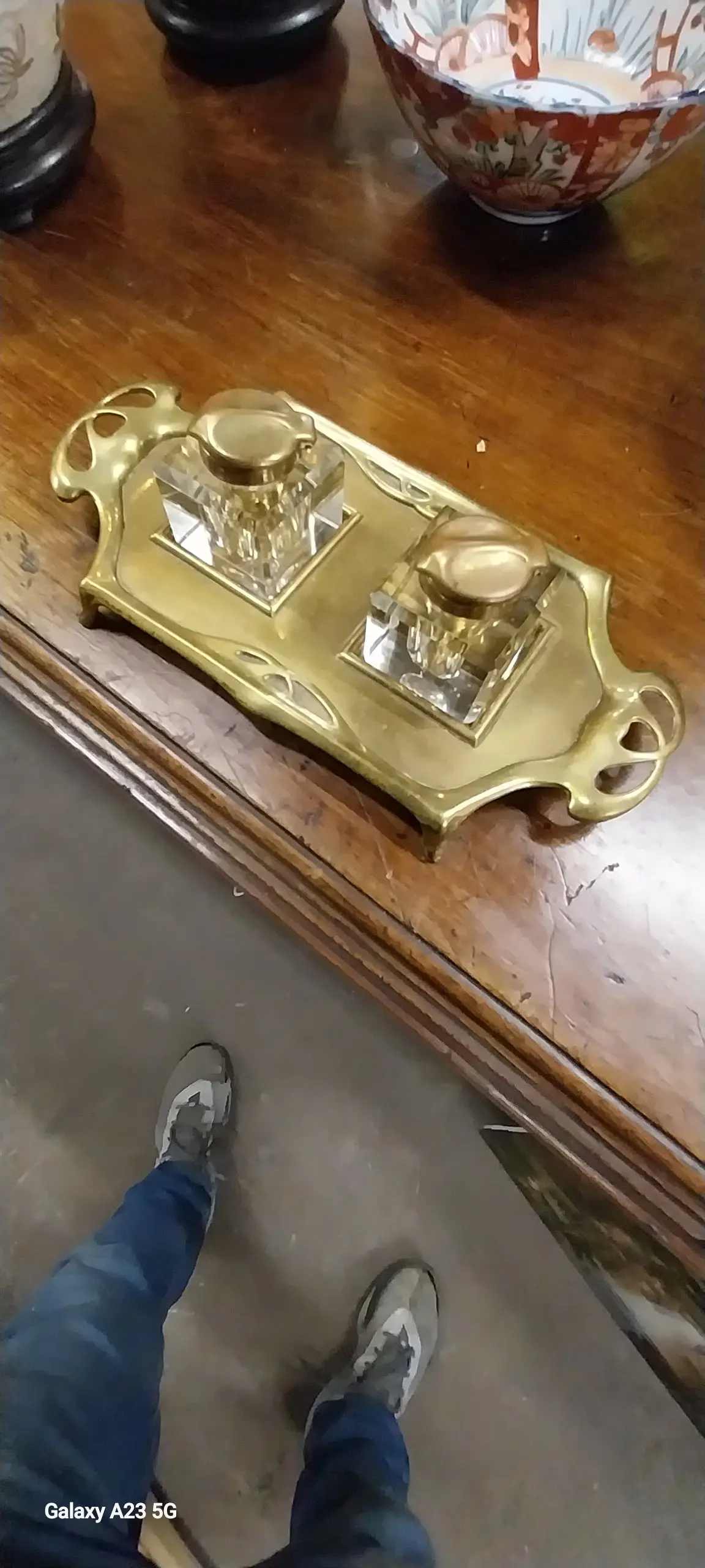 Pair Of Brass And Crystal Inkwells On Brass Tray 1