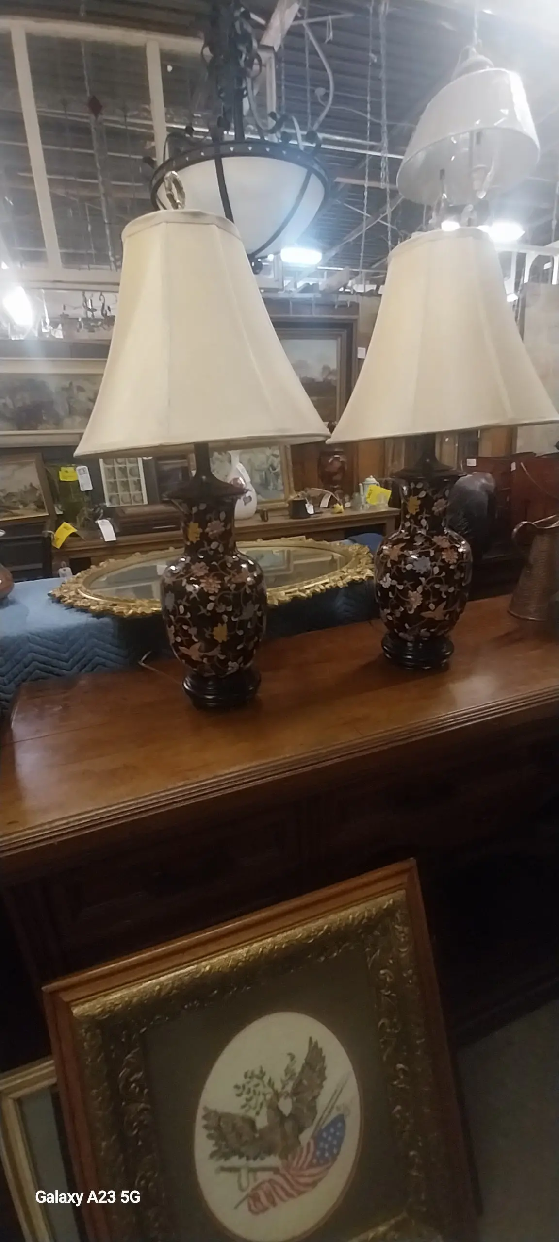 Pair Of Asian Bird Pottery Black Lamps 1