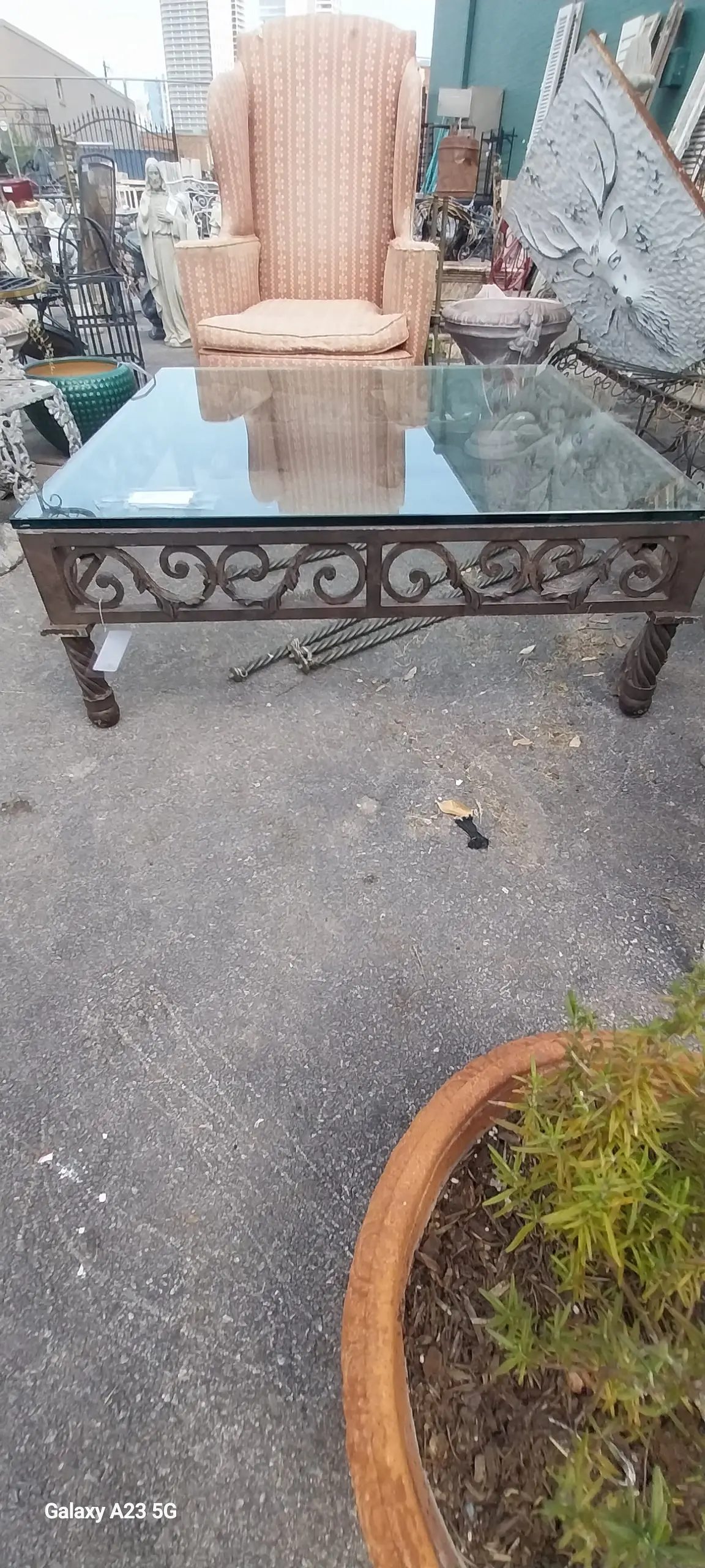 Large Iron Base Coffee Table With Thick Glass Top 1