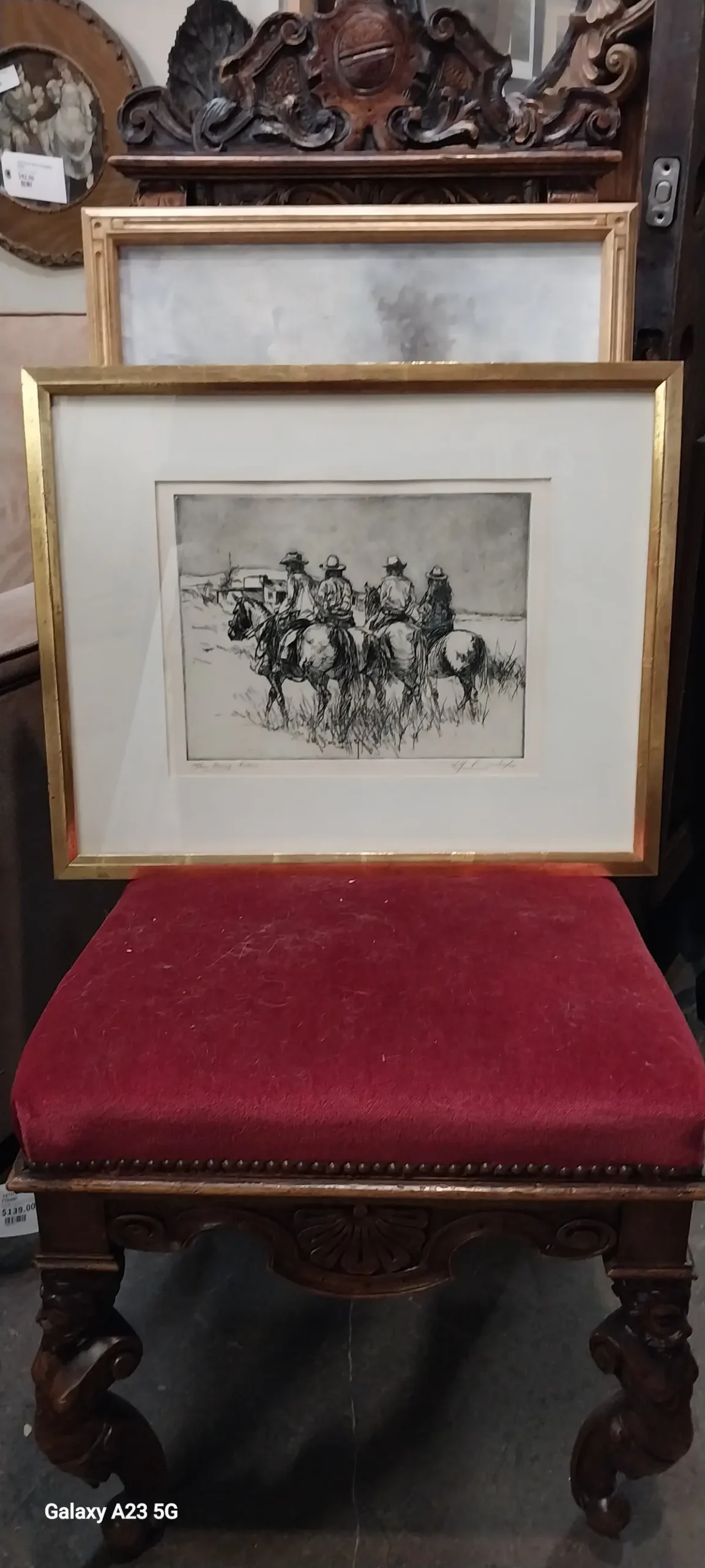 Framed Etching Of Cowboys Signed And Numbered 115/120 1