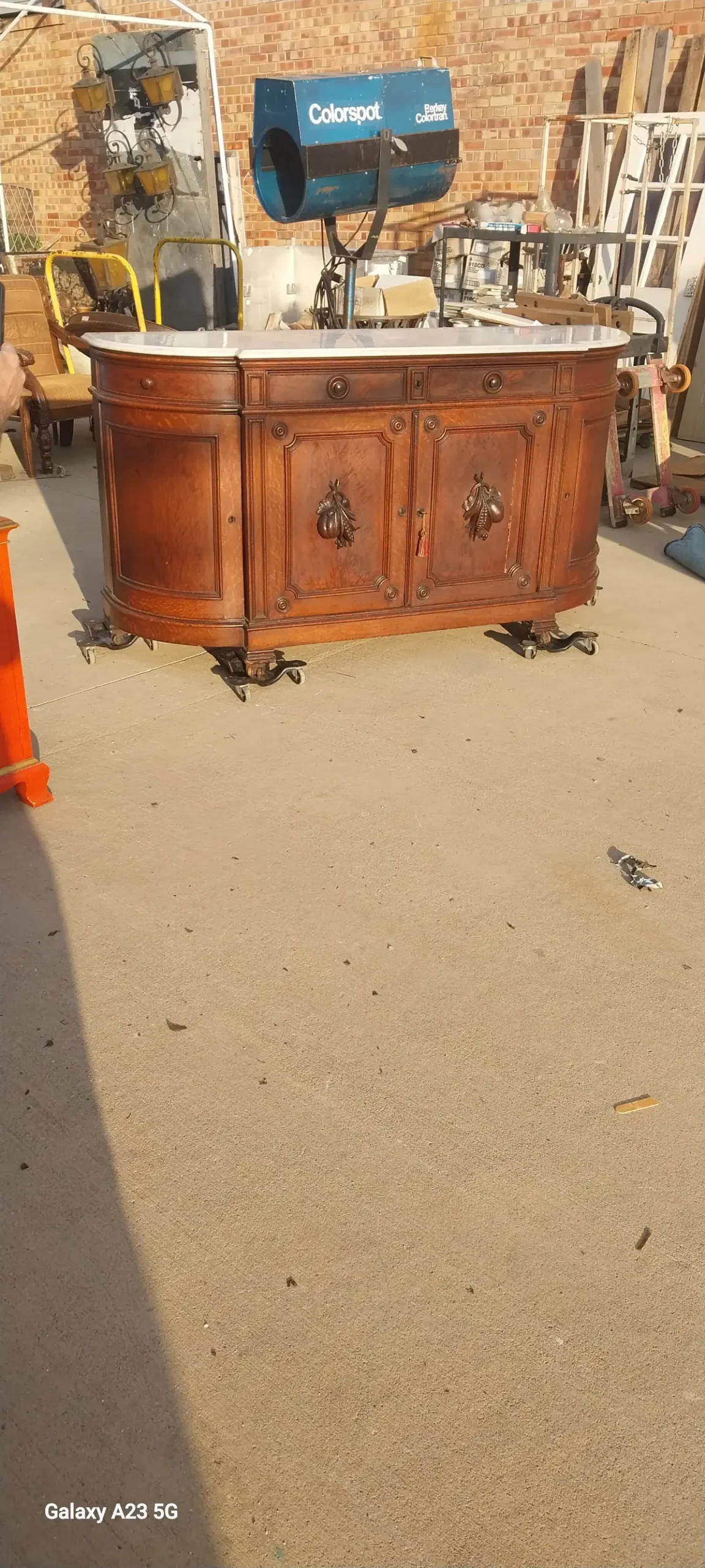American White Marble Top Curved End Server-As Found 1