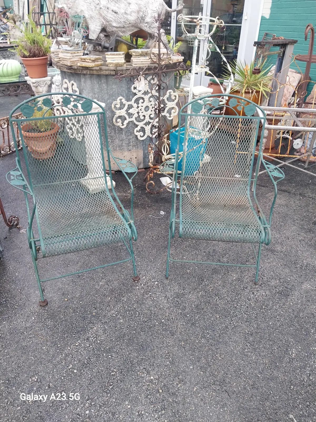 Pair Of Vintage Green Iron Rocking Lawn Chairs  With As Found Leg 1