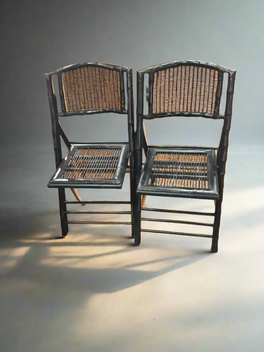 Pair Of Black Painted Rattan Folding Chairs 1