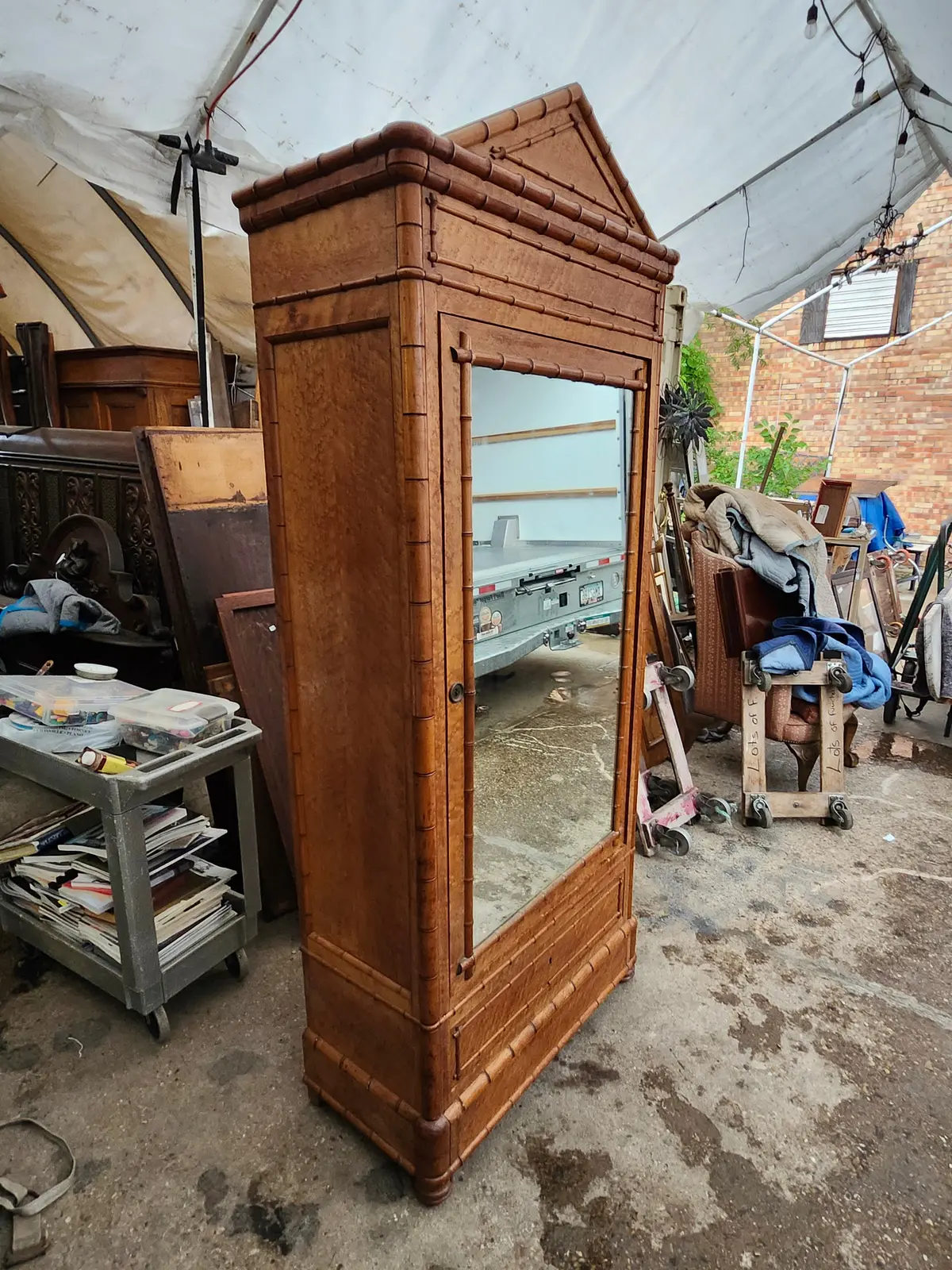 French Faux Bamboo Mirrored Armoire 1