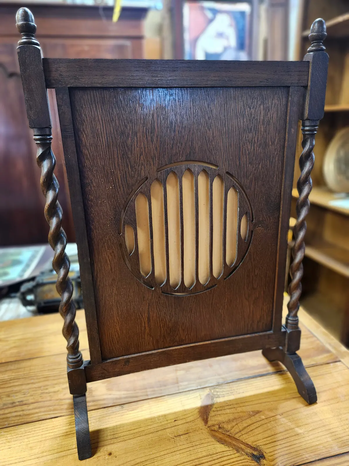 English Barley Twist Acorn Finial Oak Firescreen 1