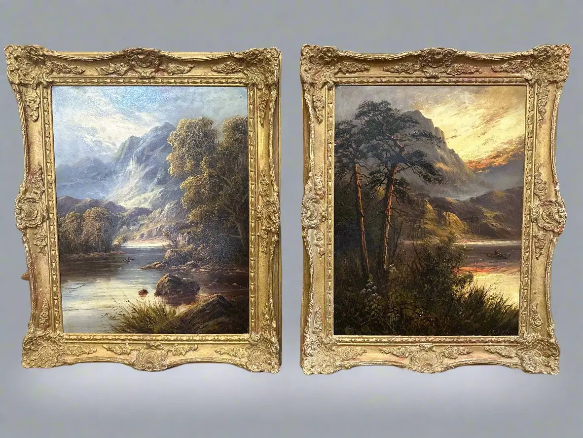 Pair Of English 19Th Century Landscape Mountains By Mabel Cansick Hider Dated 1910 "Duck Flyover" And "Golden Hour" 1