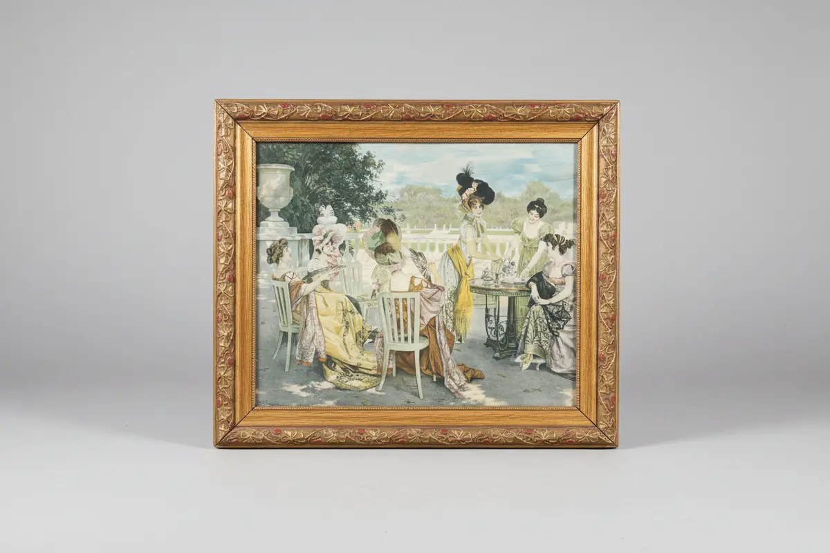 Polychrome Print Of Ladies Socializing With Red And Gold Gesso Frame - As Found 1