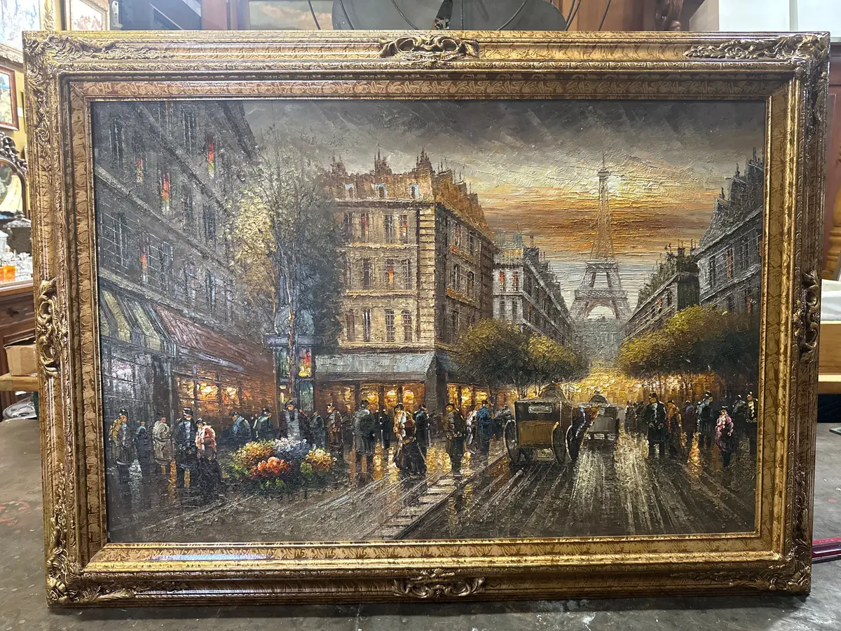 Large Gilt Framed Midcentury  Oil Painting Of A Parisian Street With Eiffel Tower 1