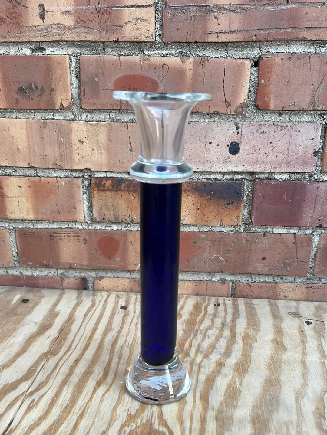 Single Cobalt And Clear Glass Candlestick 1