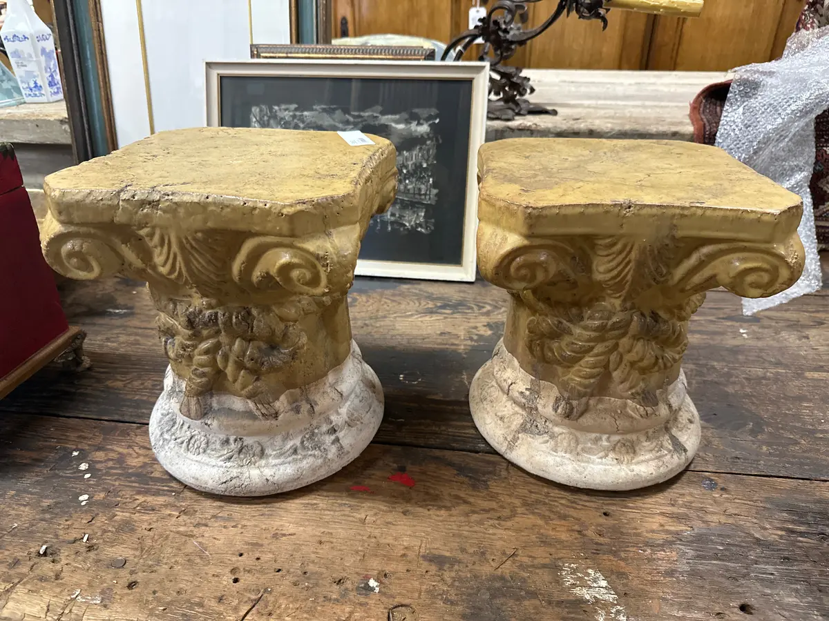 Pair Of Heavy Glazed Ceramic Corinthina Column Bases 1