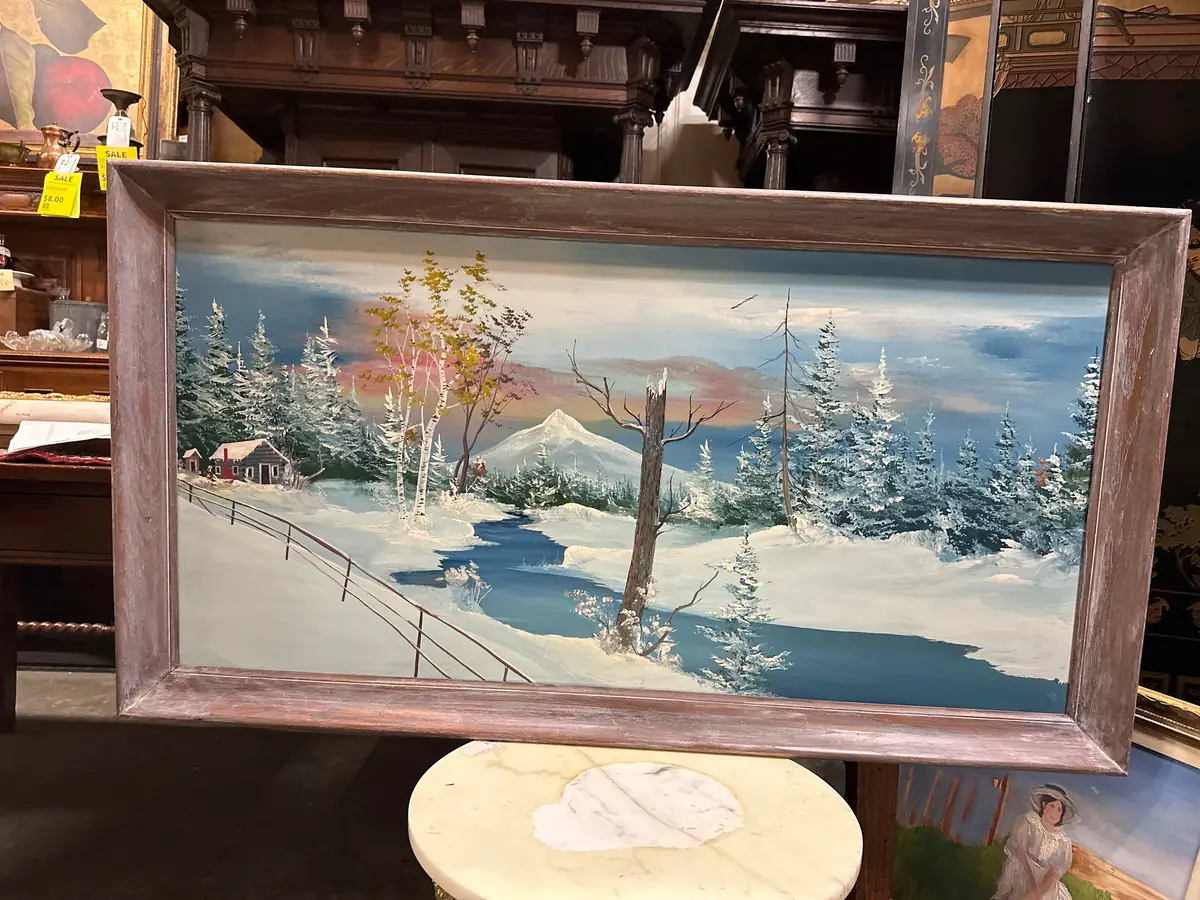 Snowy Stream Painting With Oak Frame 1