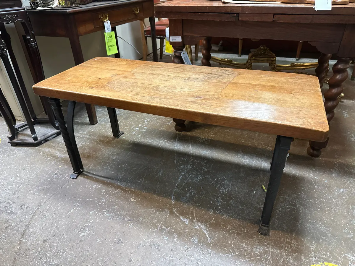 Thick Oak Top Gothic Iron Bench 1