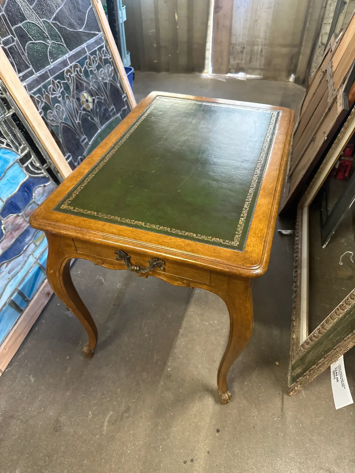 Louis Xv Style Oak End Table With Green Leather Top 1