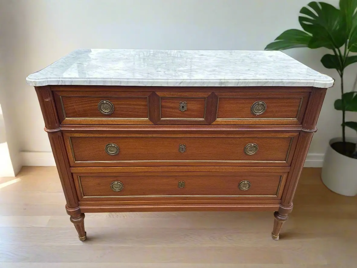 Louis Xvi Mahogany Marble Top 5 Drawer Chest 1